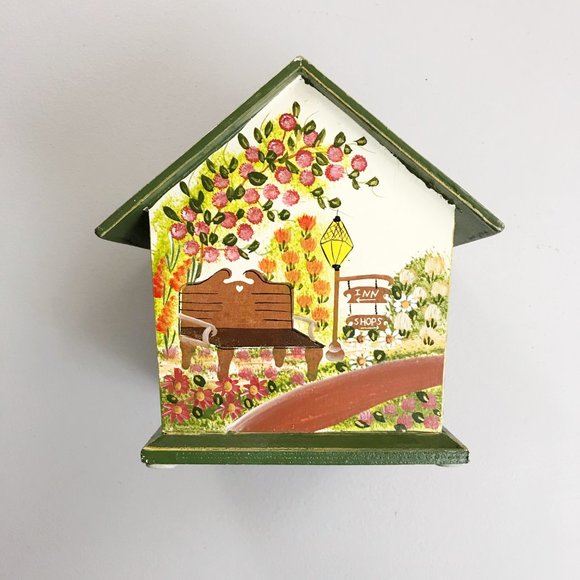 VINTAGE Cozy Cottagecore Tissue Box Hand Painted Orchard Path Field Of Flowers - Picture 8 of 11